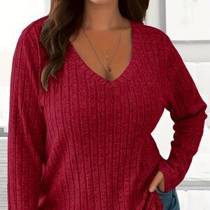 Women's Plus Size Ribbed Long Sleeve Soft Breathable Relaxed Fit Sweater Top 18W